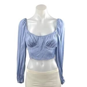Isalis Women's Blue Long Sleeve Bustier Corset Tie Back Crop Blouse Top Size S